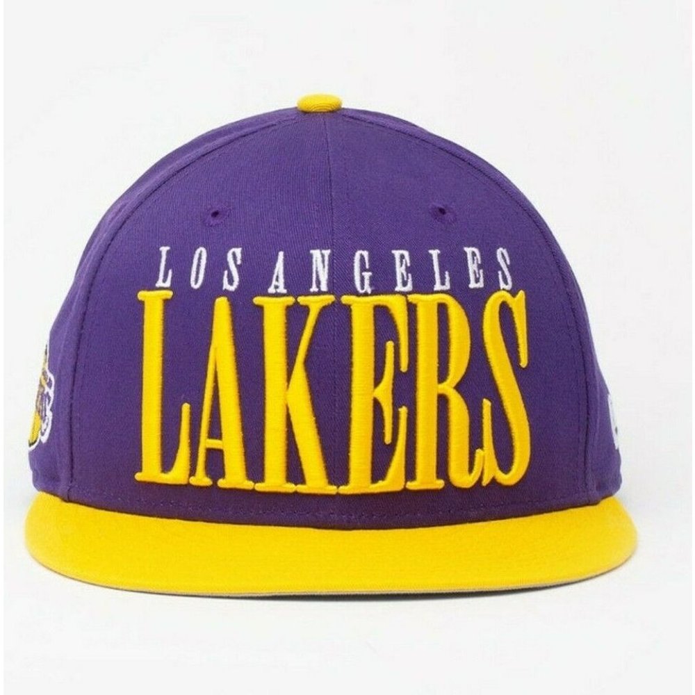 New Era Los Angeles Lakers Retro Spell Out Edition Snapback Hat Purple Gold - Picture 2 of 4